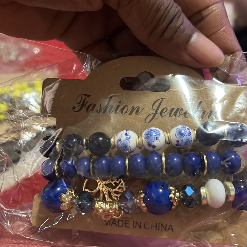Blue and Gold Beaded Bracelet Set